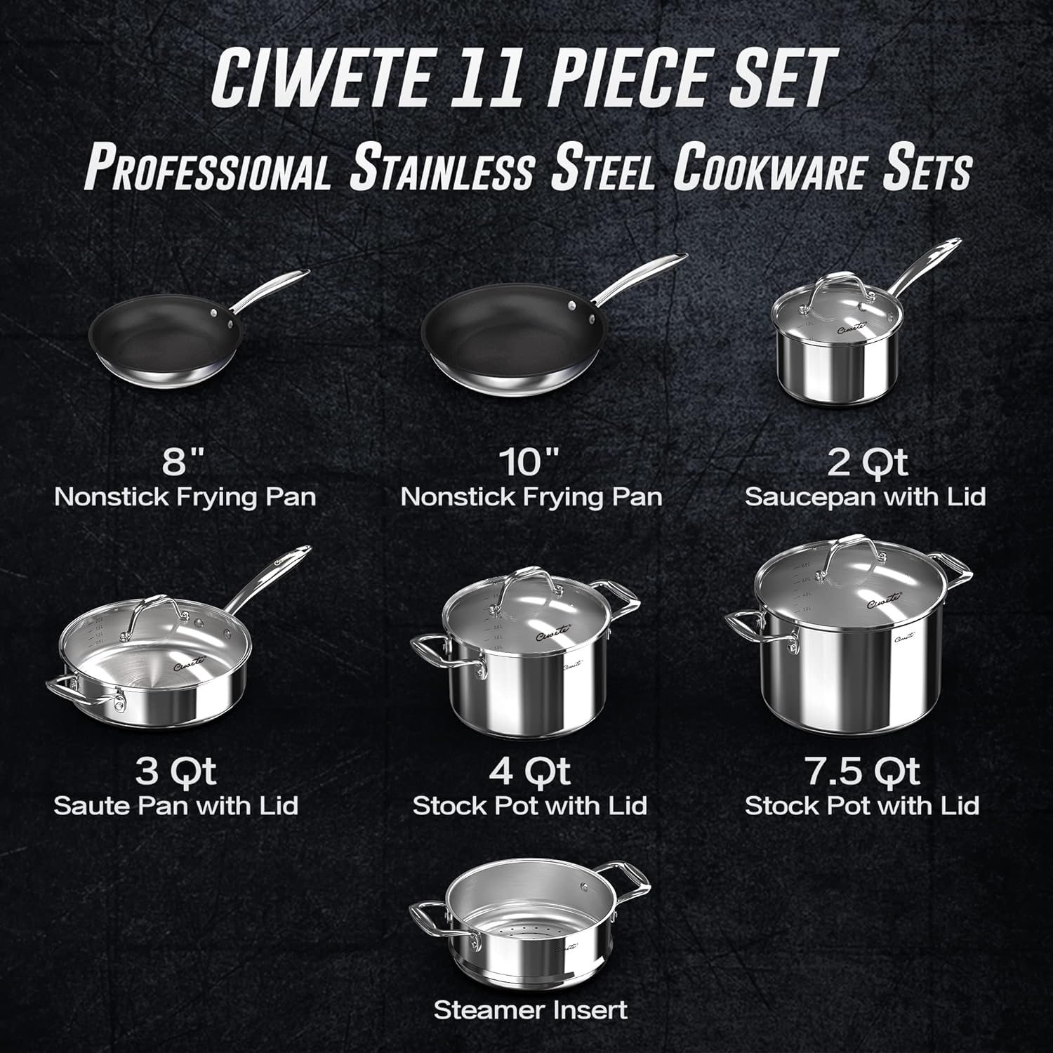 Ciwete 11-delige Tri-Ply roestvrijstalen set