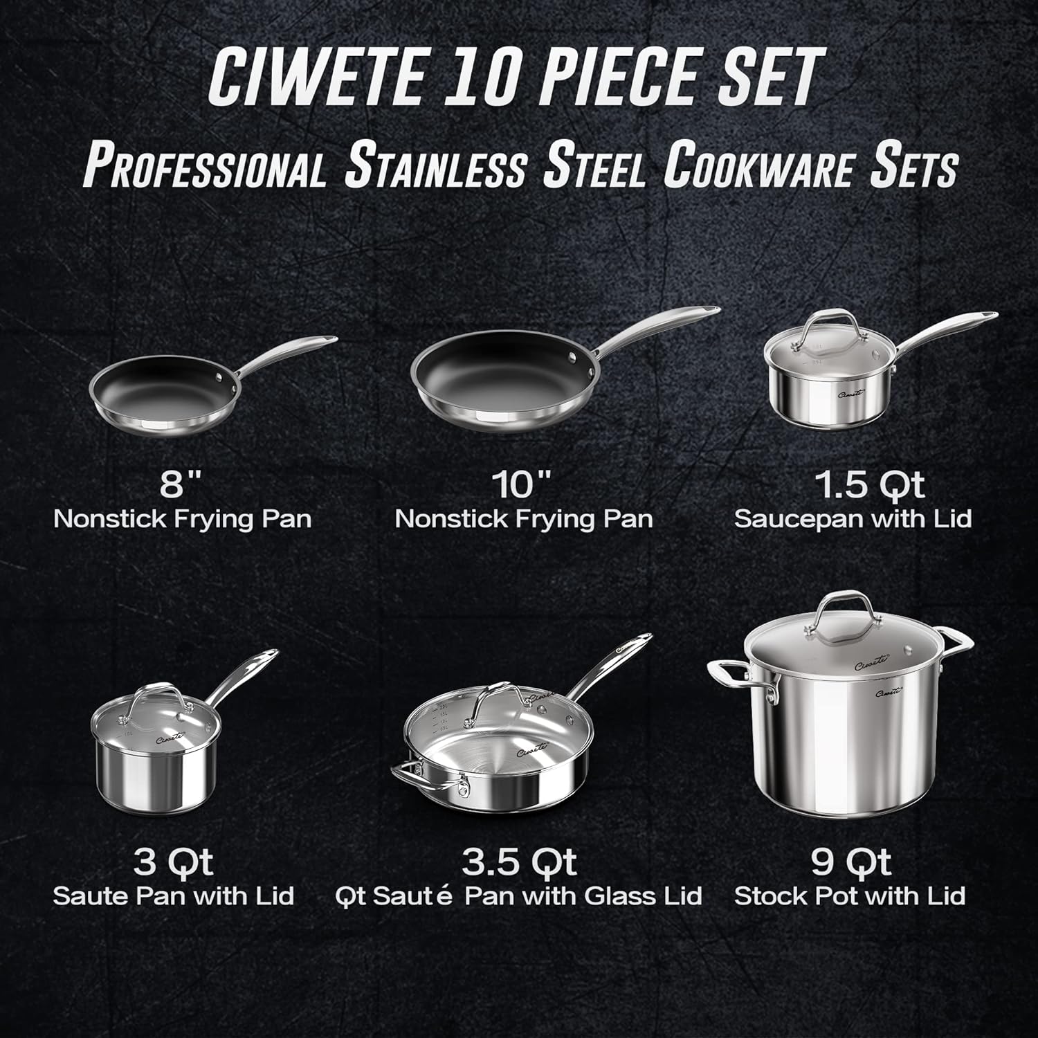 Ciwete 11-Piece Tri-Ply Stainless Steel Set